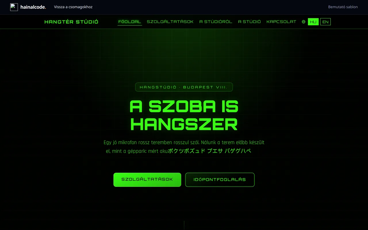 A neon-tech sablon főoldala sötét háttérrel és zöld kiemelő színnel